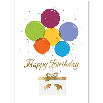 Gold Bull & Bear Presents with Balloons Birthday- Greeting Card