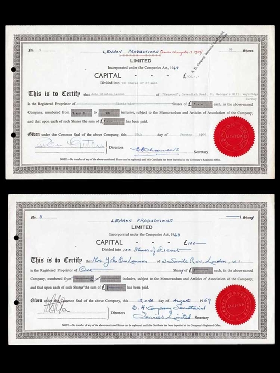 Rare Stock Certificates Issued to John Lennon & Yoko Ono | Beatles Stock Certificates