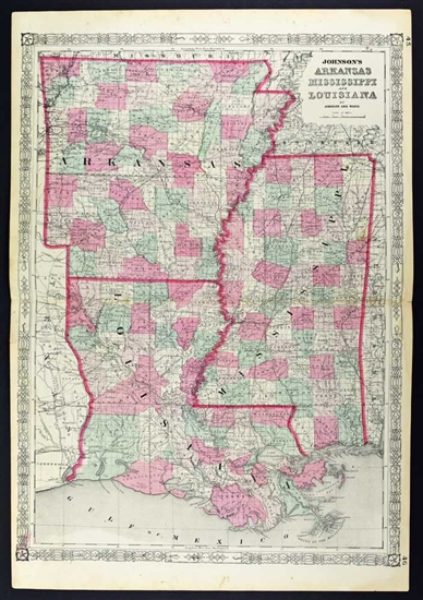 Johnson's Antique Map of Arkansas, Mississippi, & Louisiana - 1867