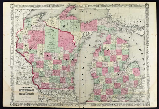 Johnson's Antique Map of Michigan & Wisconsin - 1867