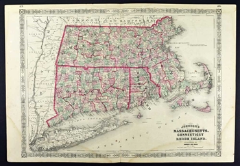 Johnson's Antique Map of Massachusetts, Connecticut & Rhode Island - 1864