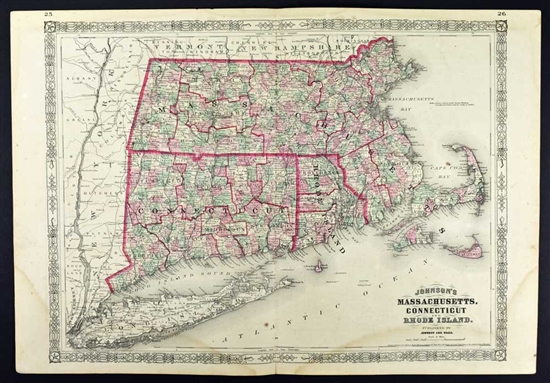 Johnson's Antique Map of Massachusetts, Connecticut & Rhode Island - 1864