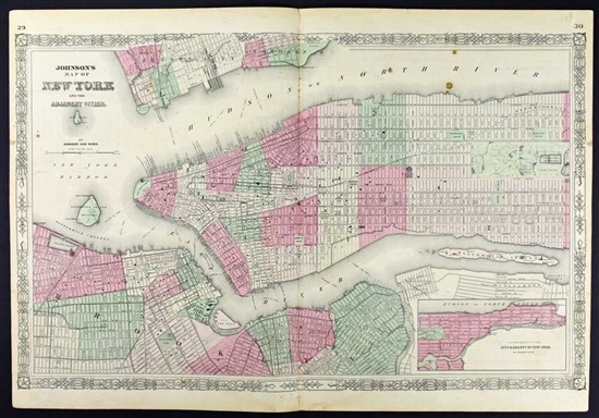 Johnson's Antique Map of New York City & Adjacent Cities- 1862
