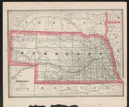 1870 Nebraska or Kansas Antique Map - Cram