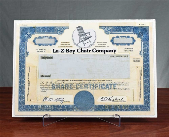 La-Z-Boy Chair Company Stock Certificate Production Proof - Rare