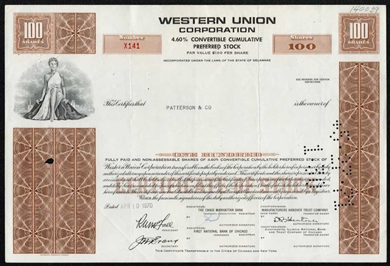 Western Union Corp Preferred Stock Certificate - Brown