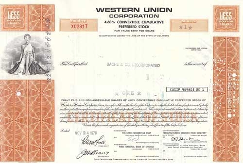 Western Union Corp Preferred Stock Certificate - Orange