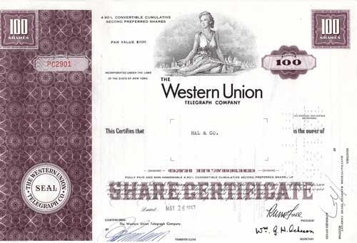 Western Union Corp Preferred Stock Certificate - Purple