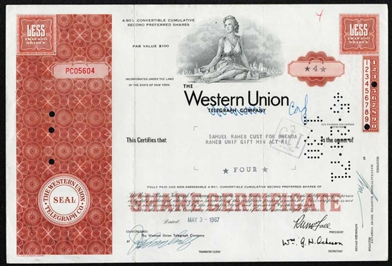 Western Union Corp Preferred Stock Certificate - Red