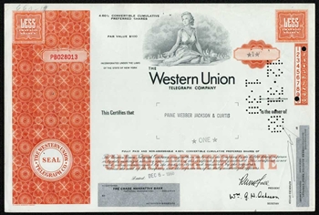 Western Union Corp Preferred Stock Certificate - Orange
