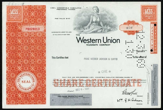 Western Union Corp Preferred Stock Certificate - Orange