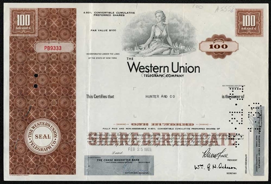 Western Union Corp Preferred Stock Certificate - Brown
