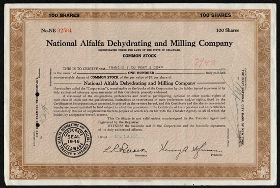 National Alfalfa Dehydrating and Milling Company Stock Certificate