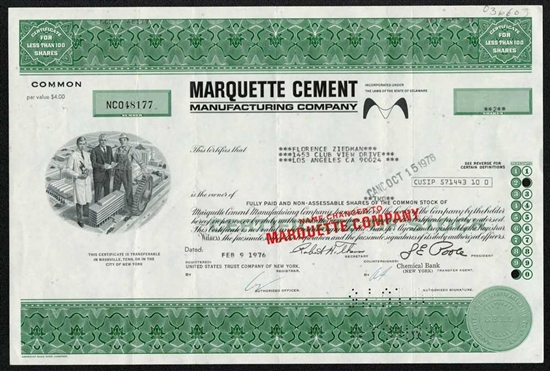Marquette Cement Manufacturing Company Stock Certificate