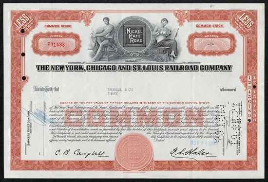 The New York, Chicago and St. Louis Railroad Company Stock Certificate