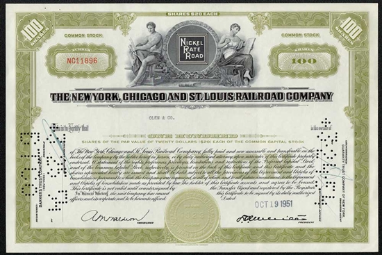 The New York, Chicago and St. Louis Railroad Company Stock Certificate