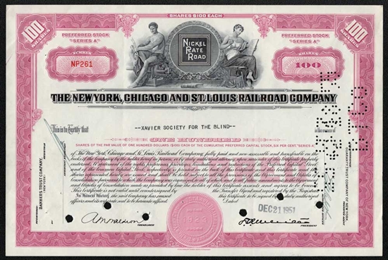 The New York, Chicago and St. Louis Railroad Company Stock Certificate