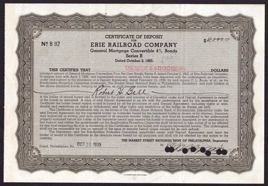 Erie Railroad Company Certificate of Deposit - 1939