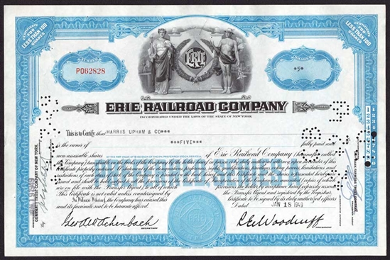 Erie Railroad Company Preferred Stock Certificate -1940s