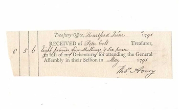 1791 U.S. Treasury-Office General Assembly Receipt