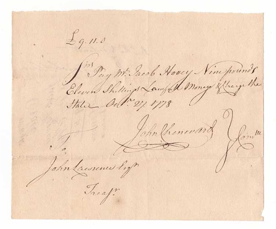 1778 Promissory Note Signed by John Chenward - Revolutionary War