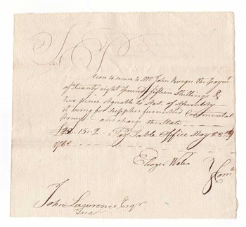 1782 Note for Purchase of Continental Army Supplies