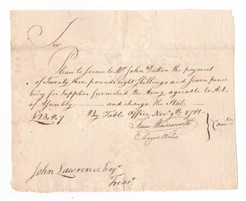 1782 Note for Purchase of Continental Army Supplies