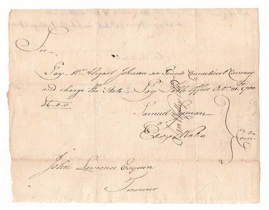 1780 Pay Table Office Note to Abigail Johnson