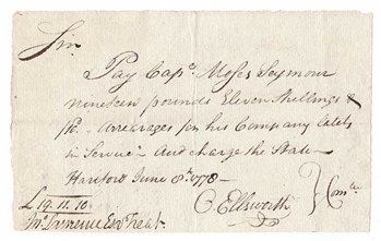 1778 Note to Captain Moses Seymour signed by Chief Justice Oliver Ellsworth