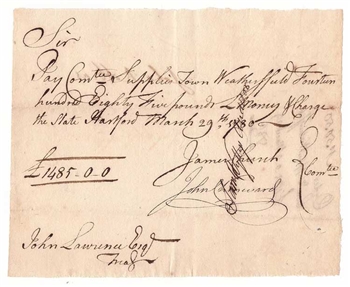 1780 Pay Table Note signed by James Church & John Chenward