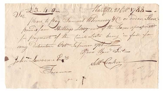 1788 Pay Table Note signed by Seth Crocker