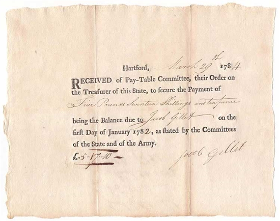 1784 Pay Table Note signed by Jacob Gillet