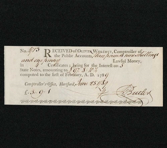 1789 Pay Table Note - Oliver Wolcott signed by Butler