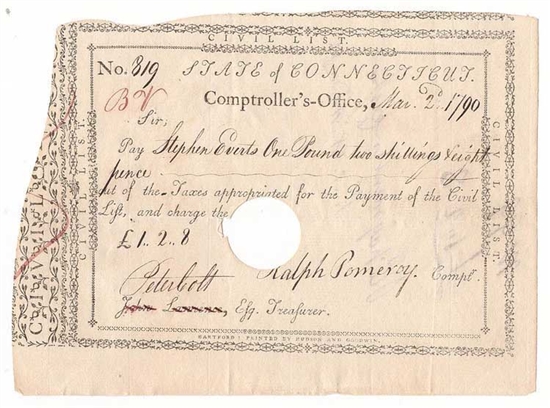 1790 Note Signed by Peter Colt and Ralph Pomeroy