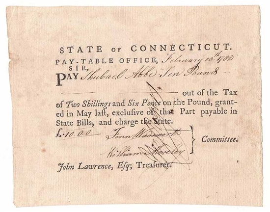 1782 Pay Table Note Signed by Fenn Wadsworth, William Moseley, Hezekiah Rogers