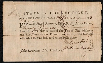 1782 State of Connecticut Note Signed by General Jedidiah Huntington