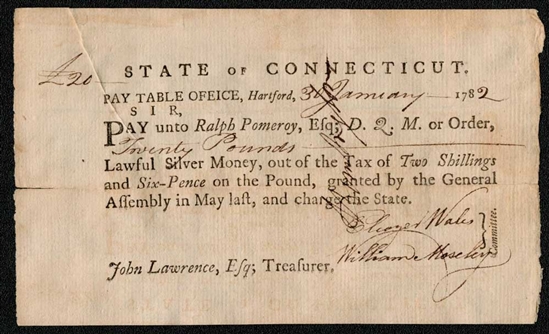 1782 State of Connecticut Note Signed by General Jedidiah Huntington