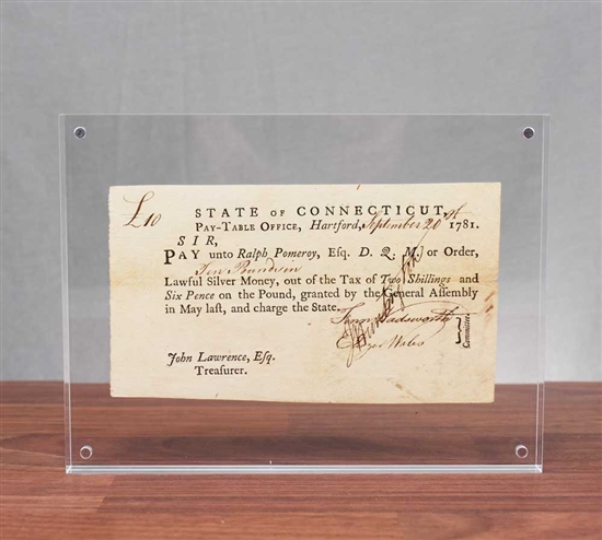 1781 State of Connecticut Note Signed by General Jedidiah Huntington