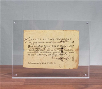 1781 State of Connecticut Note Issued to Ralph Pomeroy