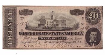 1864 Confederate Statues of America $20 Dollar Bill