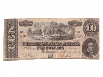 1864 Confederate Statues of America $10 Dollar Note