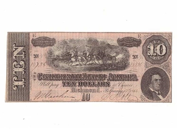 1864 Confederate Statues of America $10 Dollar Note