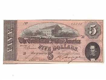 1864 Confederate Statues of America $5 Dollar Note