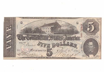 1863 Confederate Statues of America $5 Dollar Note
