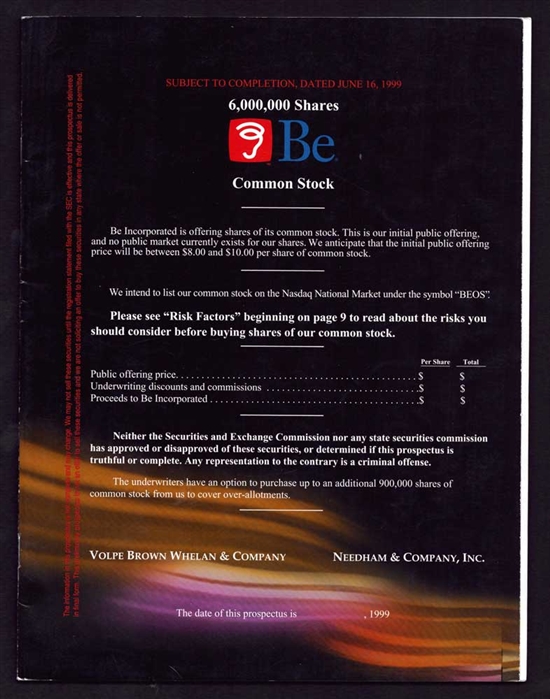 Be Inc. IPO Prospectus - 1999