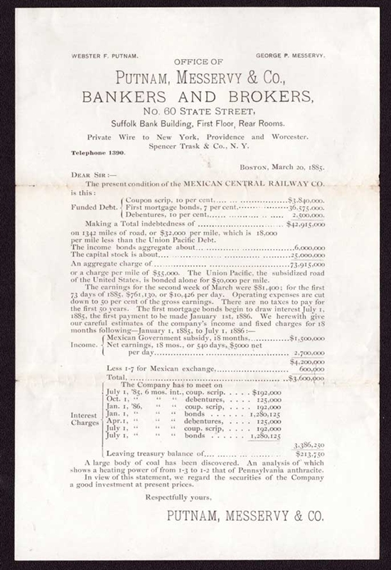1885 Broker Ad Flyer for Mexican Central Railway  Stock - Boston