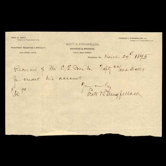 1895 Scott & Stringfellow Account Receipt - Richmond, VA