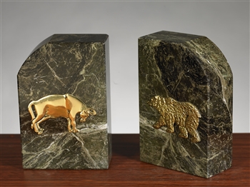 Green Marble Gold Plated Stock Market Bull and Bear Bookends