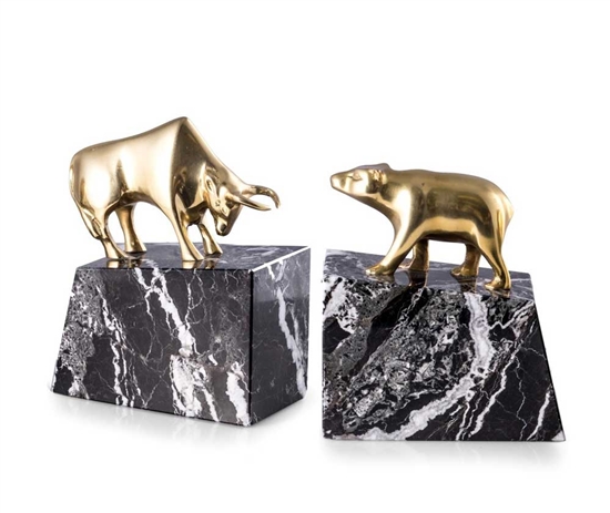 Solid Brass on Marble Bull and Bear Bookends