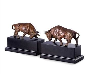 Marbleized Brass on Wood Stock Market Bull Bookends